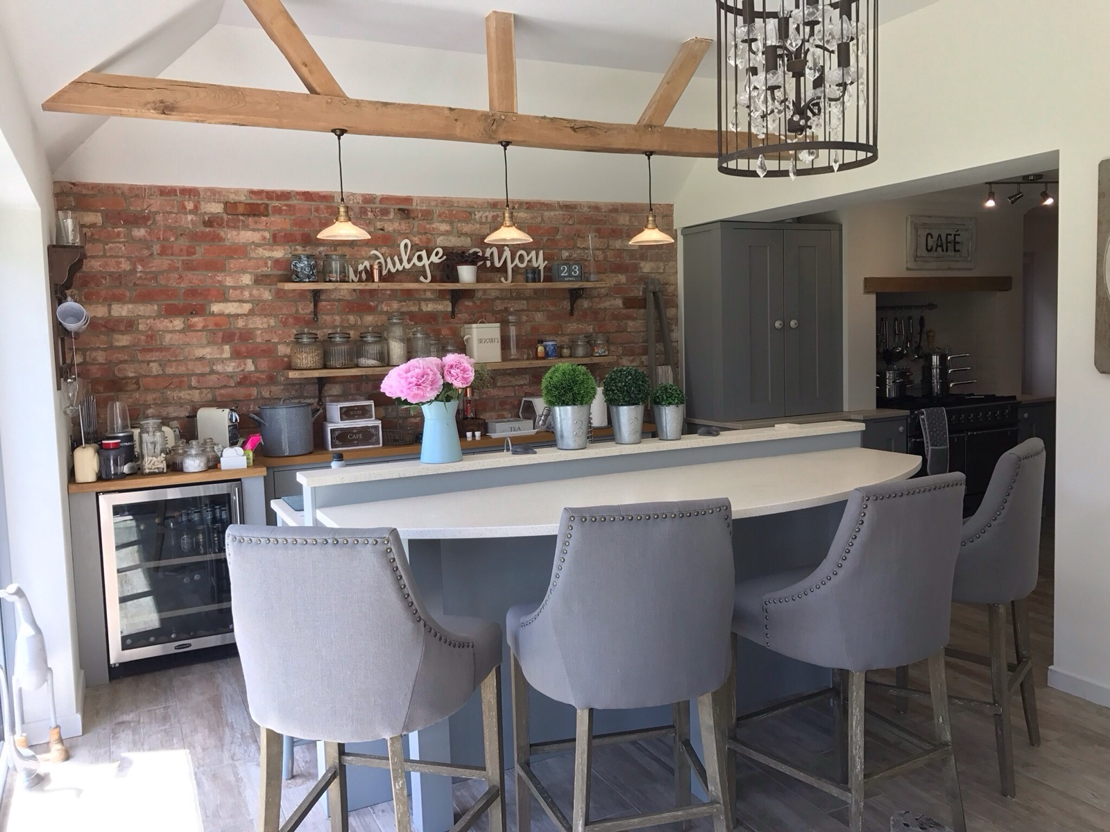 Kitchen bar brick wall exposed beams pendant lights, made and fitted by Sussex Design Interiors